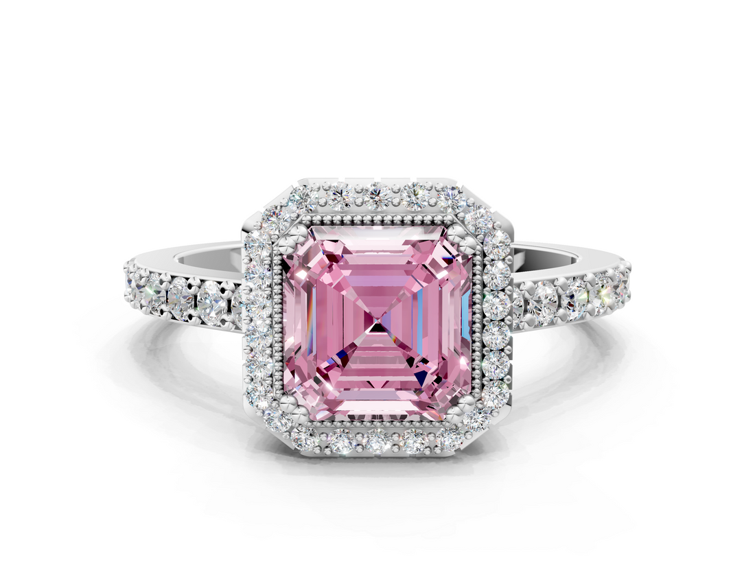 White gold Fancy Pink Asscher  Cut Halo Diamond Ring with Pave Band and Four-Prong Setting_17