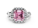 White gold Fancy Pink Asscher  Cut Halo Diamond Ring with Scrollwork Band and Four-Prong Setting