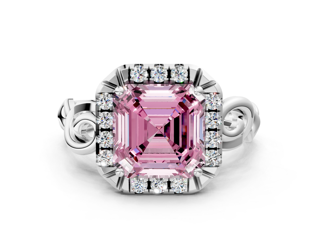 White gold Fancy Pink Asscher  Cut Halo Diamond Ring with Scrollwork Band and Four-Prong Setting
