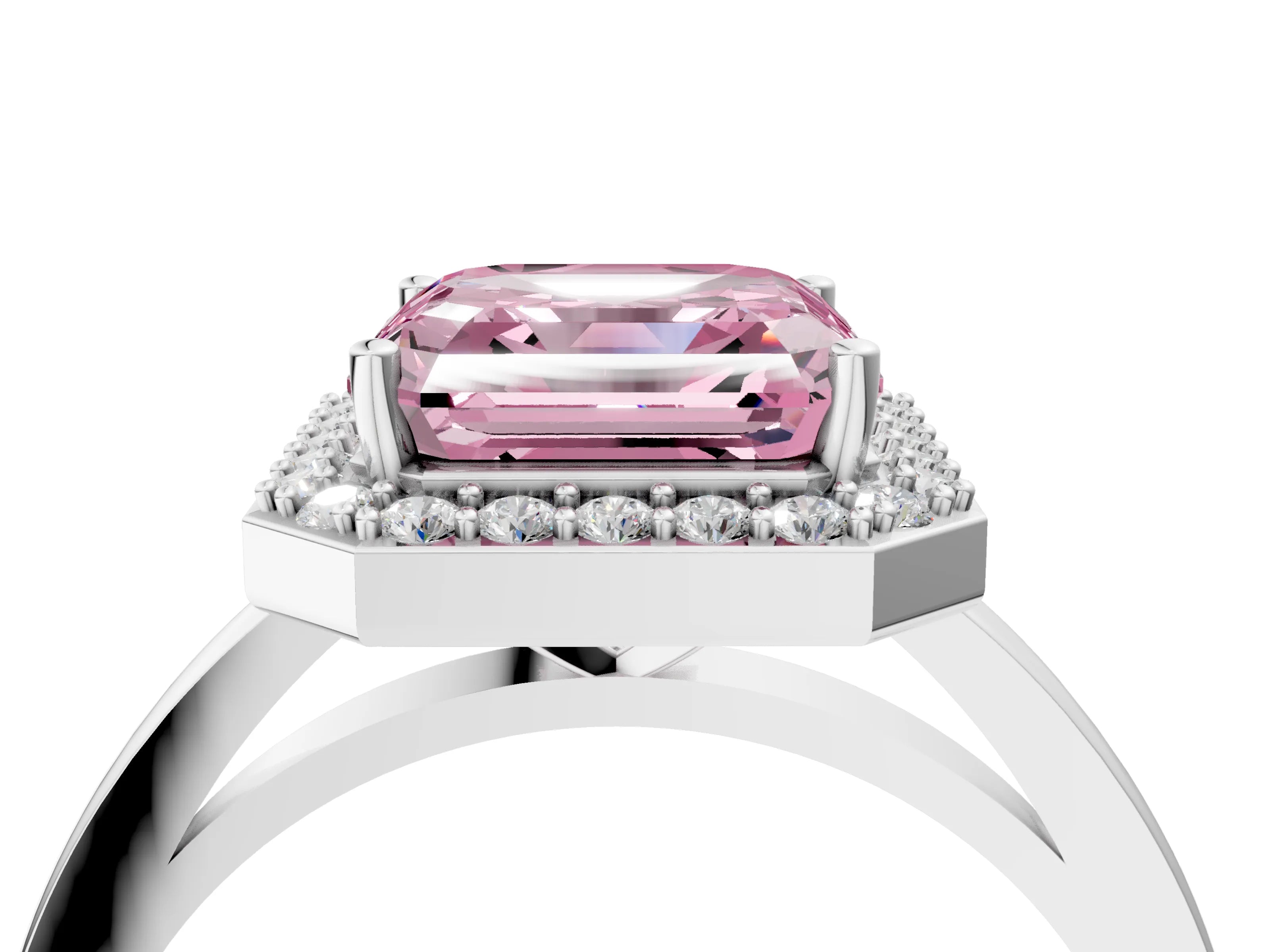 White gold Fancy Pink Asscher Cut Halo Diamond Ring with Solitaire Band and Prong Setting_4