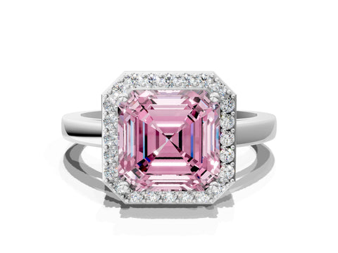 White gold Fancy Pink Asscher Cut Halo Diamond Ring with Solitaire Band and Prong Setting