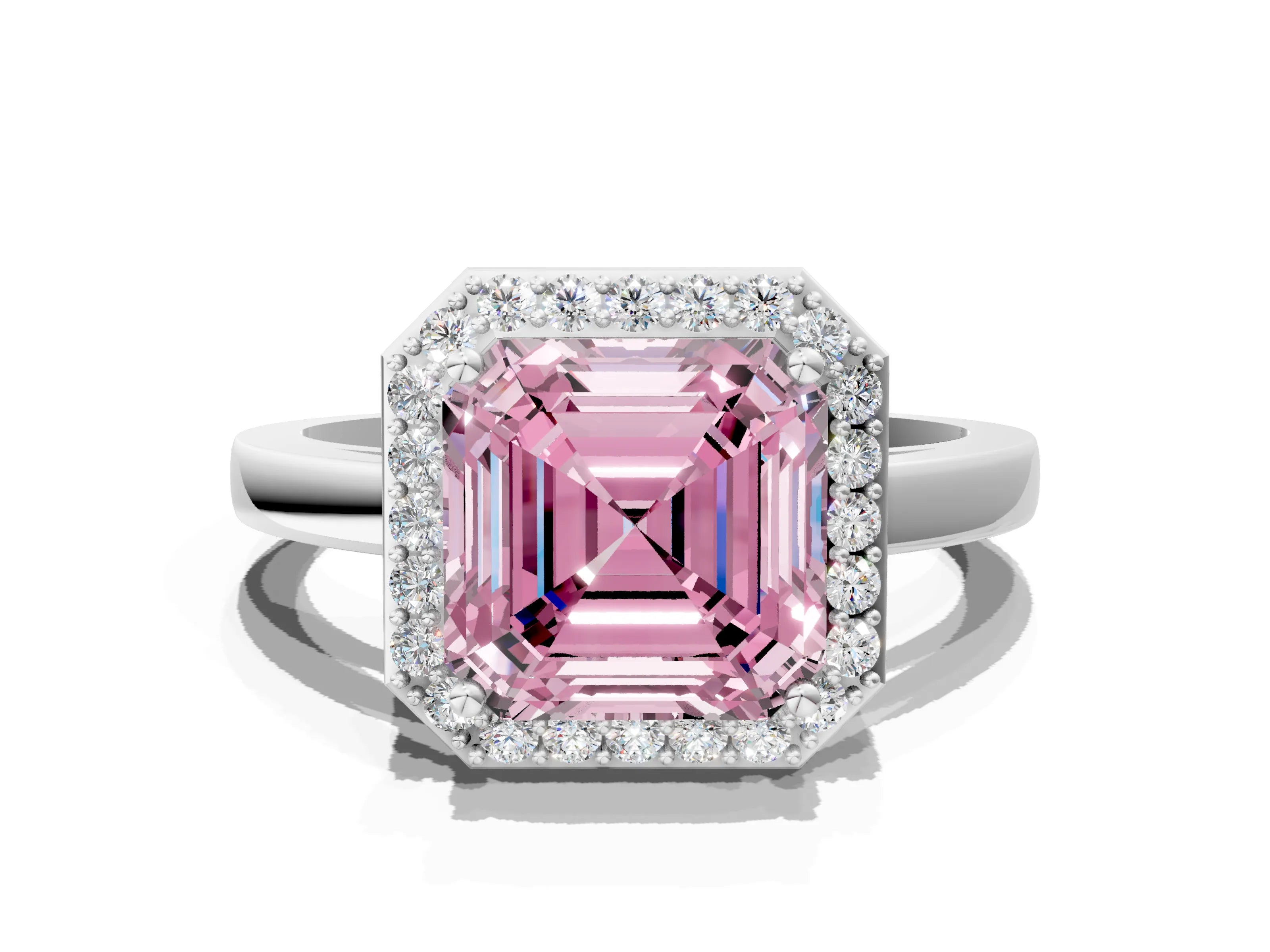 White gold Fancy Pink Asscher Cut Halo Diamond Ring with Solitaire Band and Prong Setting