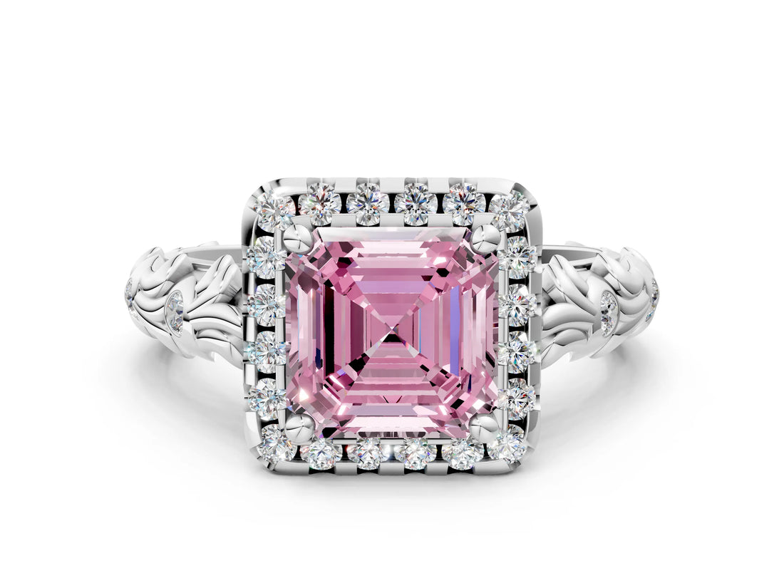 White gold Fancy Pink Asscher Cut Halo Diamond Solitaire with Filigree Band and Four-Prong Setting