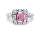 White gold Fancy Pink Asscher Cut Halo Diamond Solitaire with Filigree Band and Four-Prong Setting