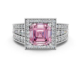 White gold Fancy Pink Asscher Cut Halo Diamond Split Shank Ring with Prong Setting