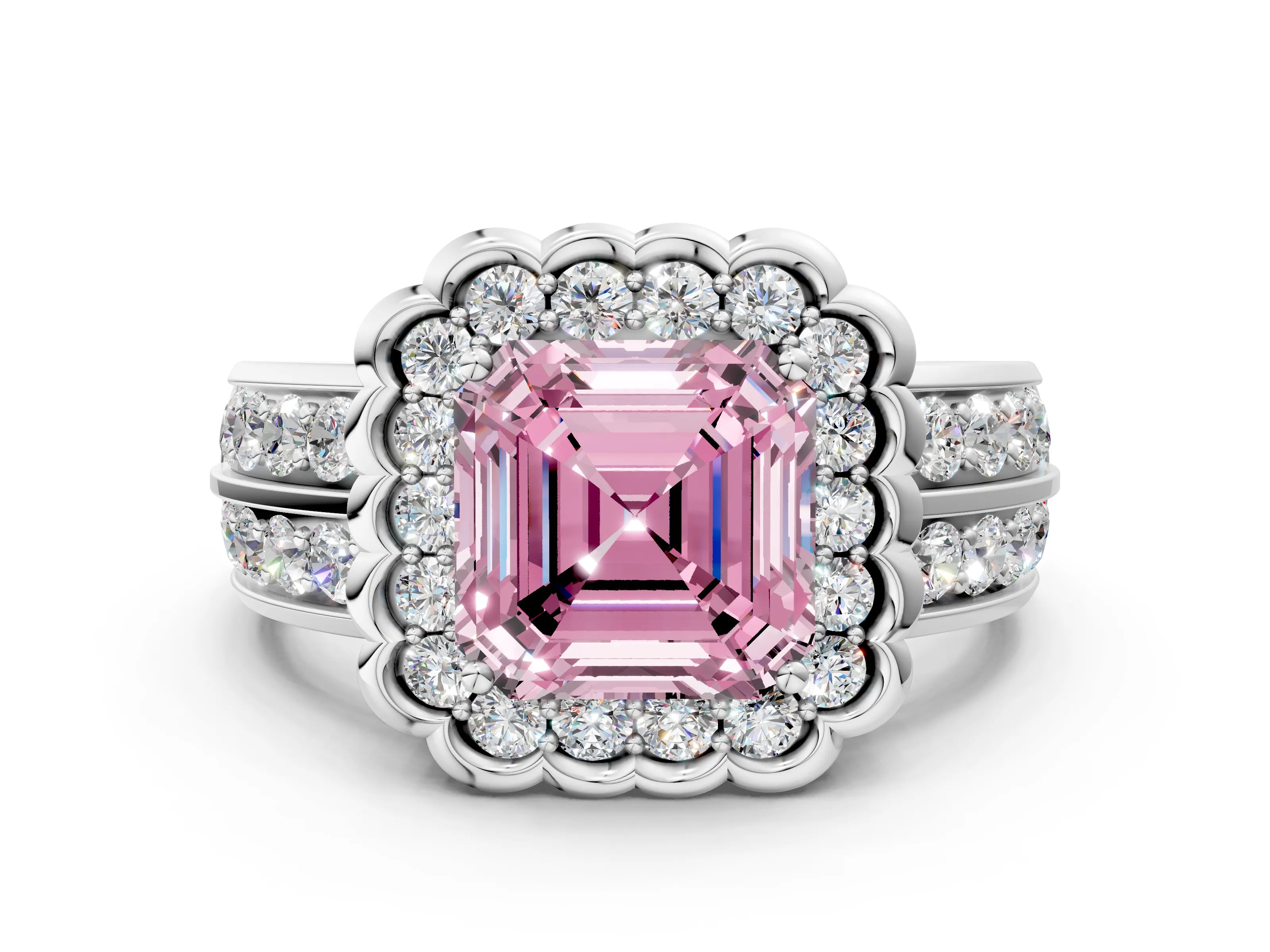 White gold Fancy Pink Asscher Cut Halo Diamond Split Shank Ring with Scalloped Prong Setting_12