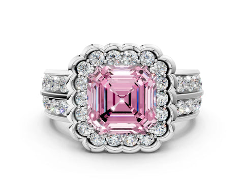 White gold Fancy Pink Asscher Cut Halo Diamond Split Shank Ring with Scalloped Prong Setting_12
