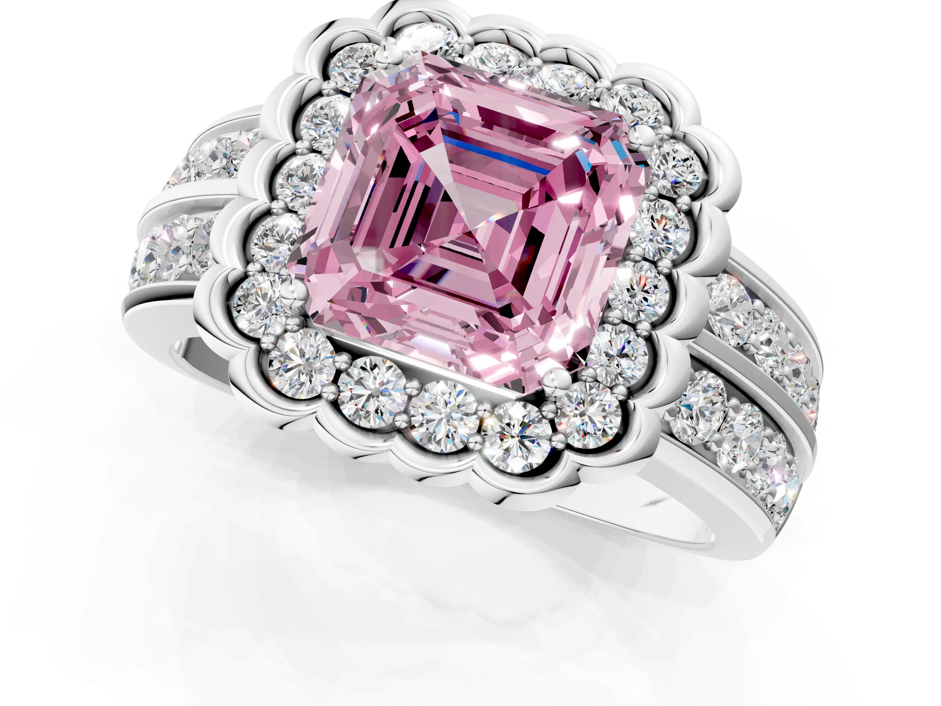 White gold Fancy Pink Asscher Cut Halo Diamond Split Shank Ring with Scalloped Prong Setting_13