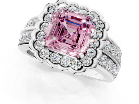 White gold Fancy Pink Asscher Cut Halo Diamond Split Shank Ring with Scalloped Prong Setting_13