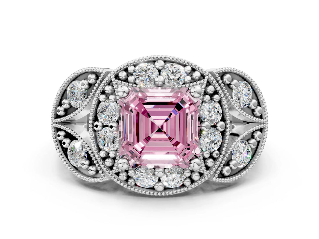White gold Fancy Pink Asscher Cut Halo Milgrain Diamond Engagement Ring with Leaf Band and Four-Prong Setting