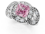 White gold Fancy Pink Asscher Cut Halo Milgrain Diamond Engagement Ring with Leaf Band and Four-Prong Setting_1