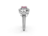 White gold Fancy Pink Asscher Cut Halo Milgrain Diamond Engagement Ring with Leaf Band and Four-Prong Setting_2