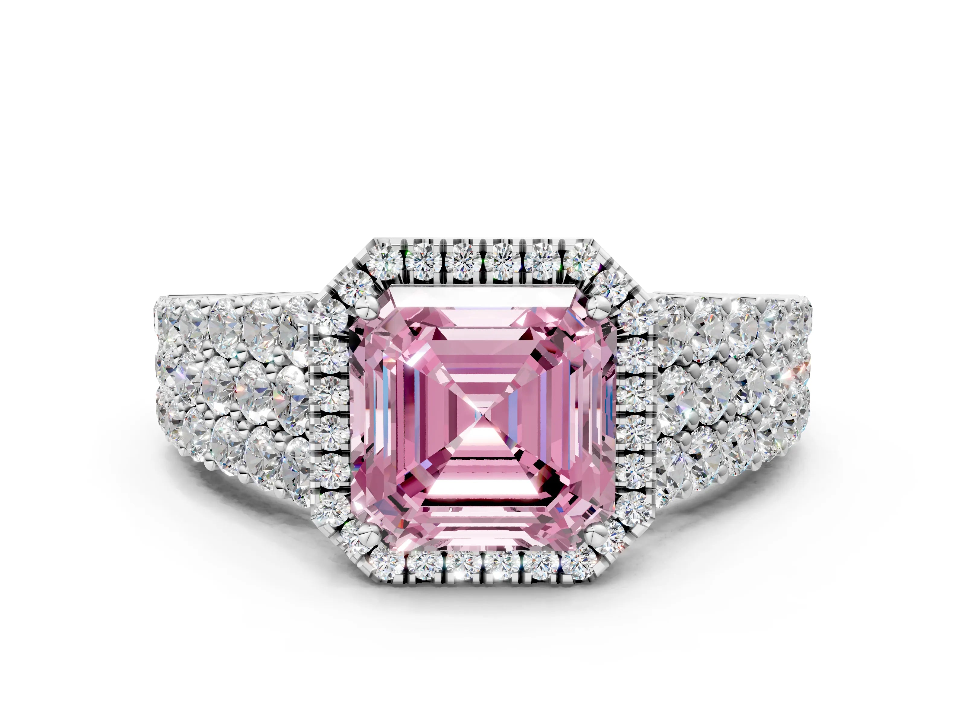 White gold Fancy Pink Asscher Cut Halo Pavé Diamond Engagement Ring with Split Shank and Four-Prong Setting_3