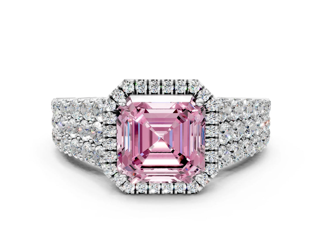 White gold Fancy Pink Asscher Cut Halo Pavé Diamond Engagement Ring with Split Shank and Four-Prong Setting_3