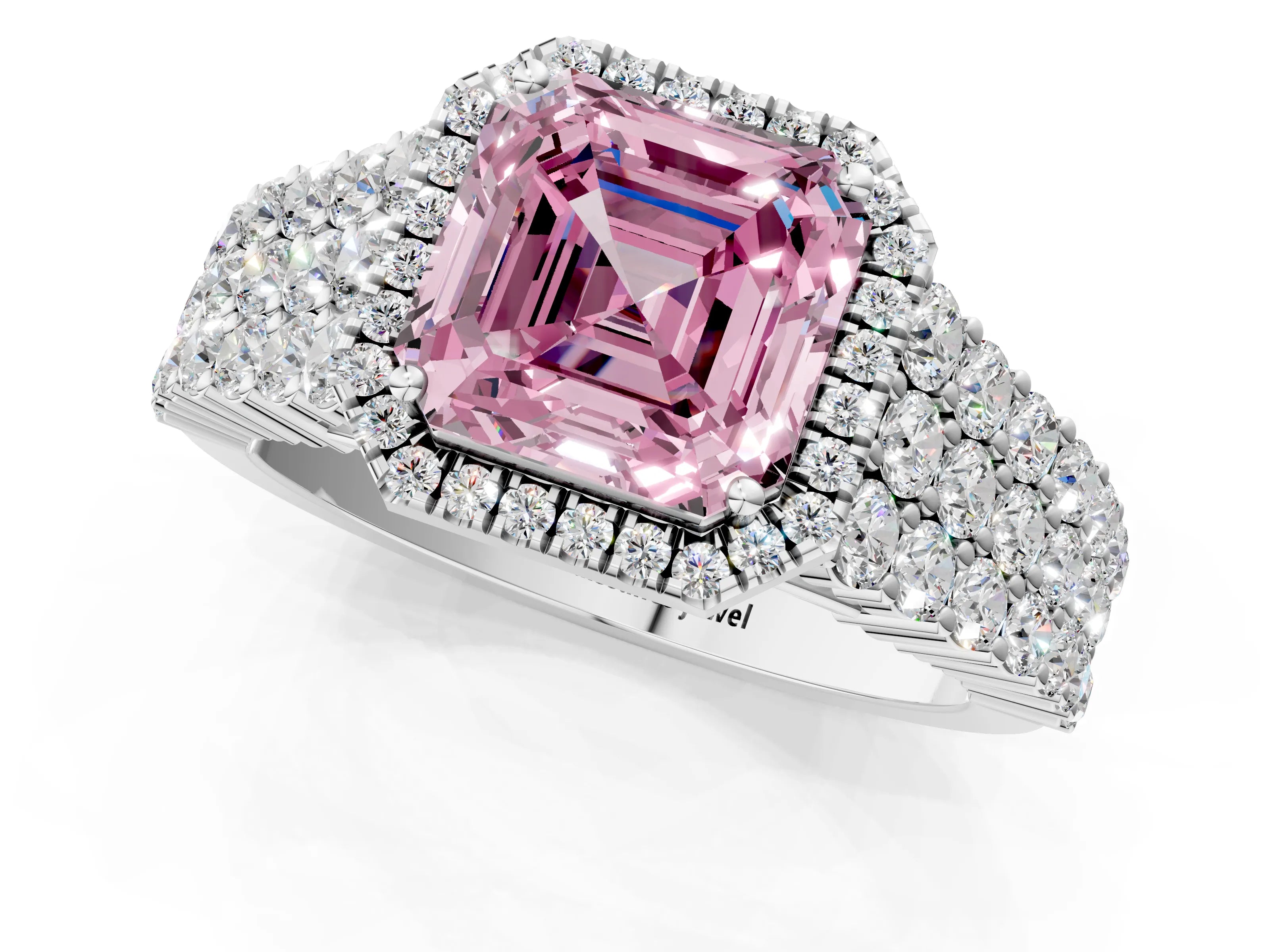 White gold Fancy Pink Asscher Cut Halo Pavé Diamond Engagement Ring with Split Shank and Four-Prong Setting_4