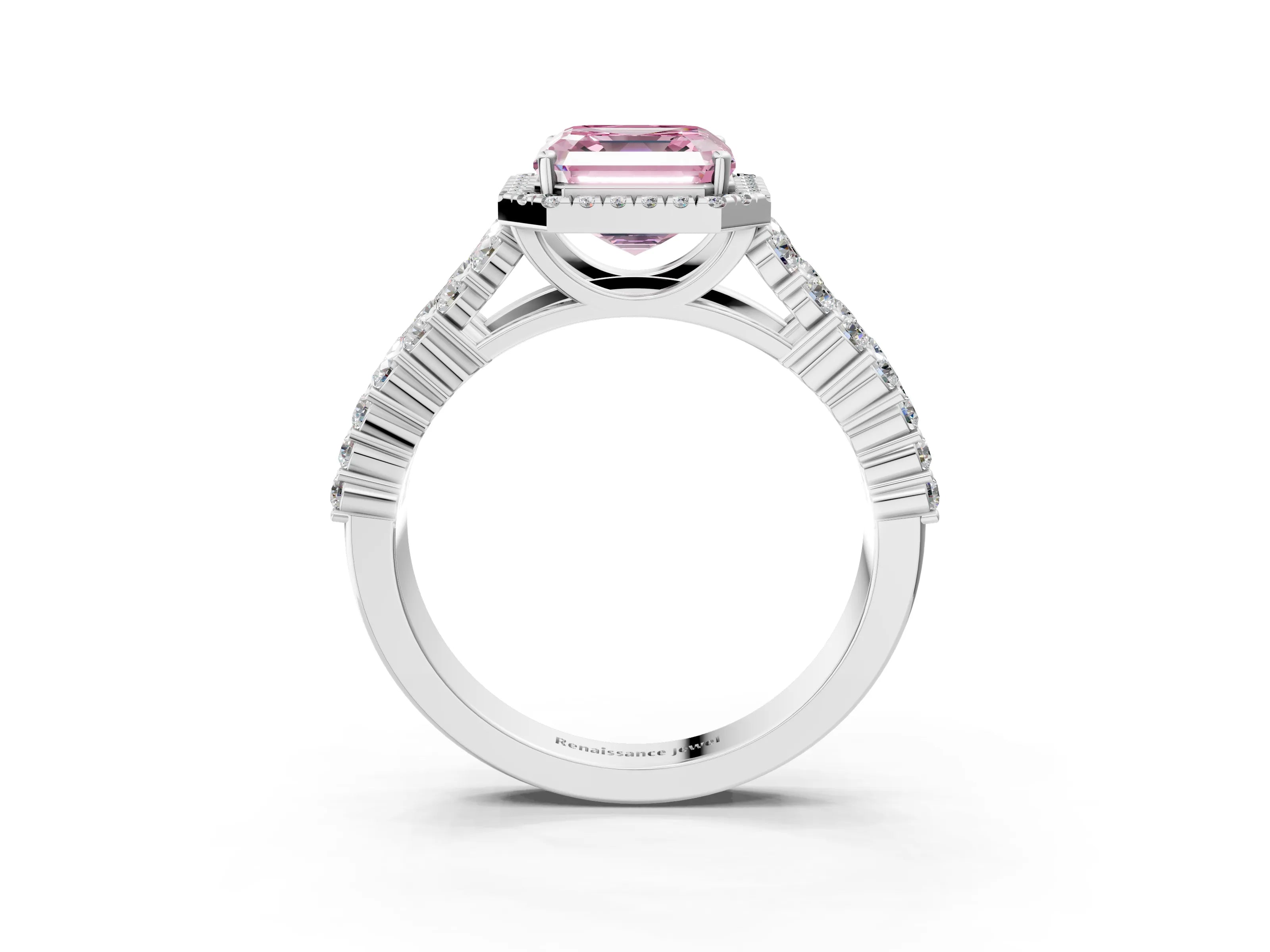 White gold Fancy Pink Asscher Cut Halo Pavé Diamond Engagement Ring with Split Shank and Four-Prong Setting_6