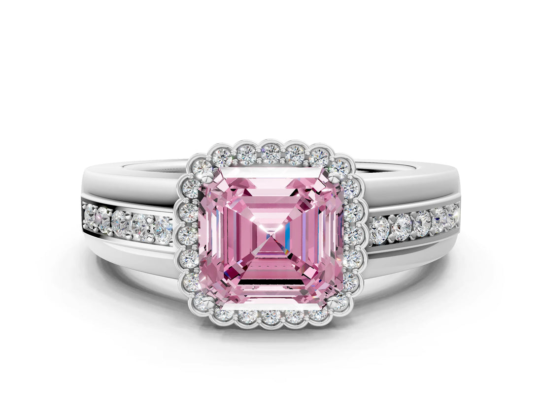 White gold Fancy Pink Asscher  Cut Halo Pave Band Four-Prong Ring_29