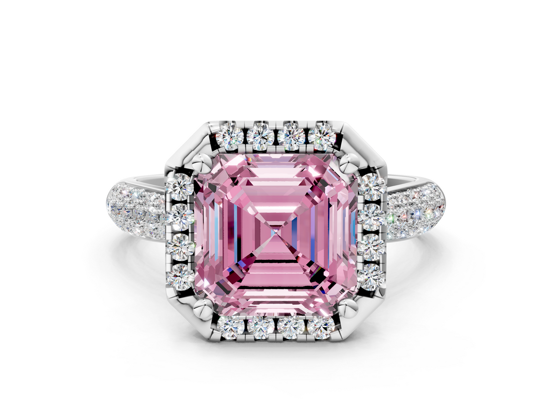 White gold Fancy Pink Asscher  Cut Halo Pave Band Four-Prong Setting Ring