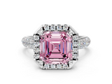 White gold Fancy Pink Asscher  Cut Halo Pave Band Four-Prong Setting Ring