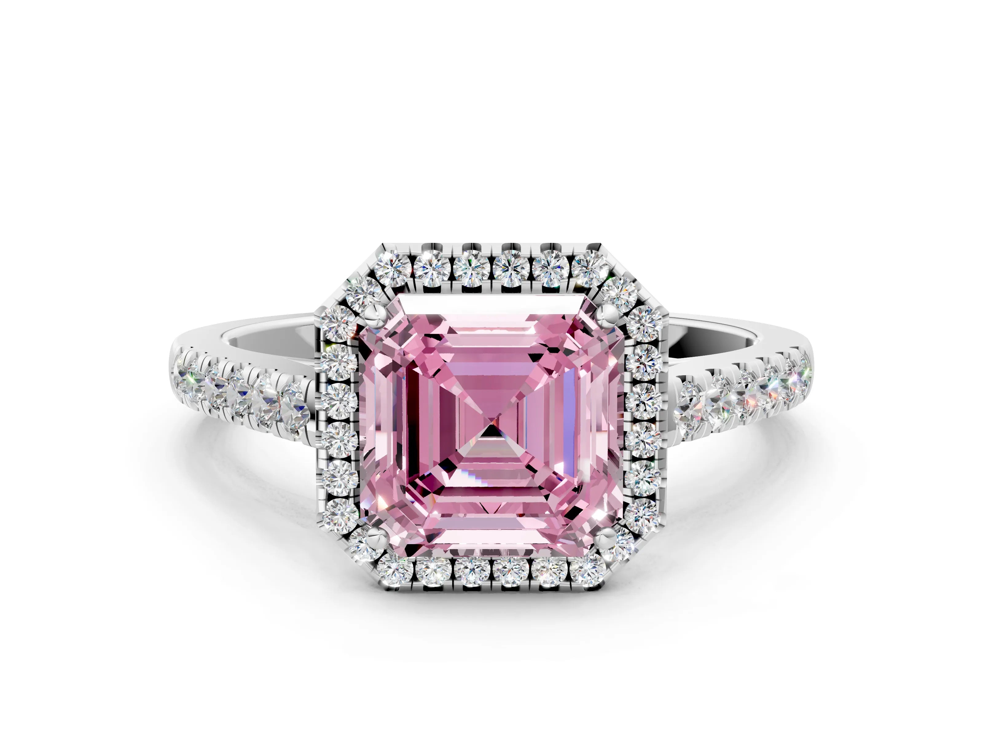 White gold Fancy Pink Asscher Cut Halo Pave Diamond Engagement Ring with Four-Prong Setting