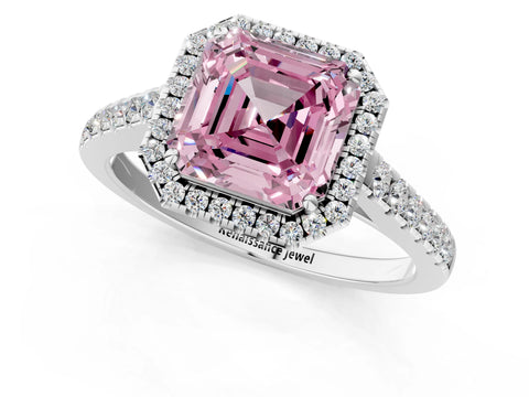 White gold Fancy Pink Asscher Cut Halo Pave Diamond Engagement Ring with Four-Prong Setting_1