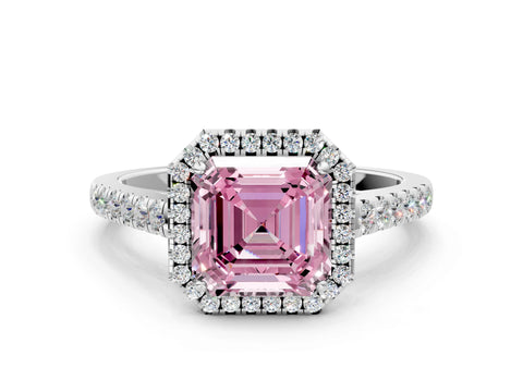 White gold Fancy Pink Asscher Cut Halo Pave Diamond Engagement Ring with Four-Prong Setting