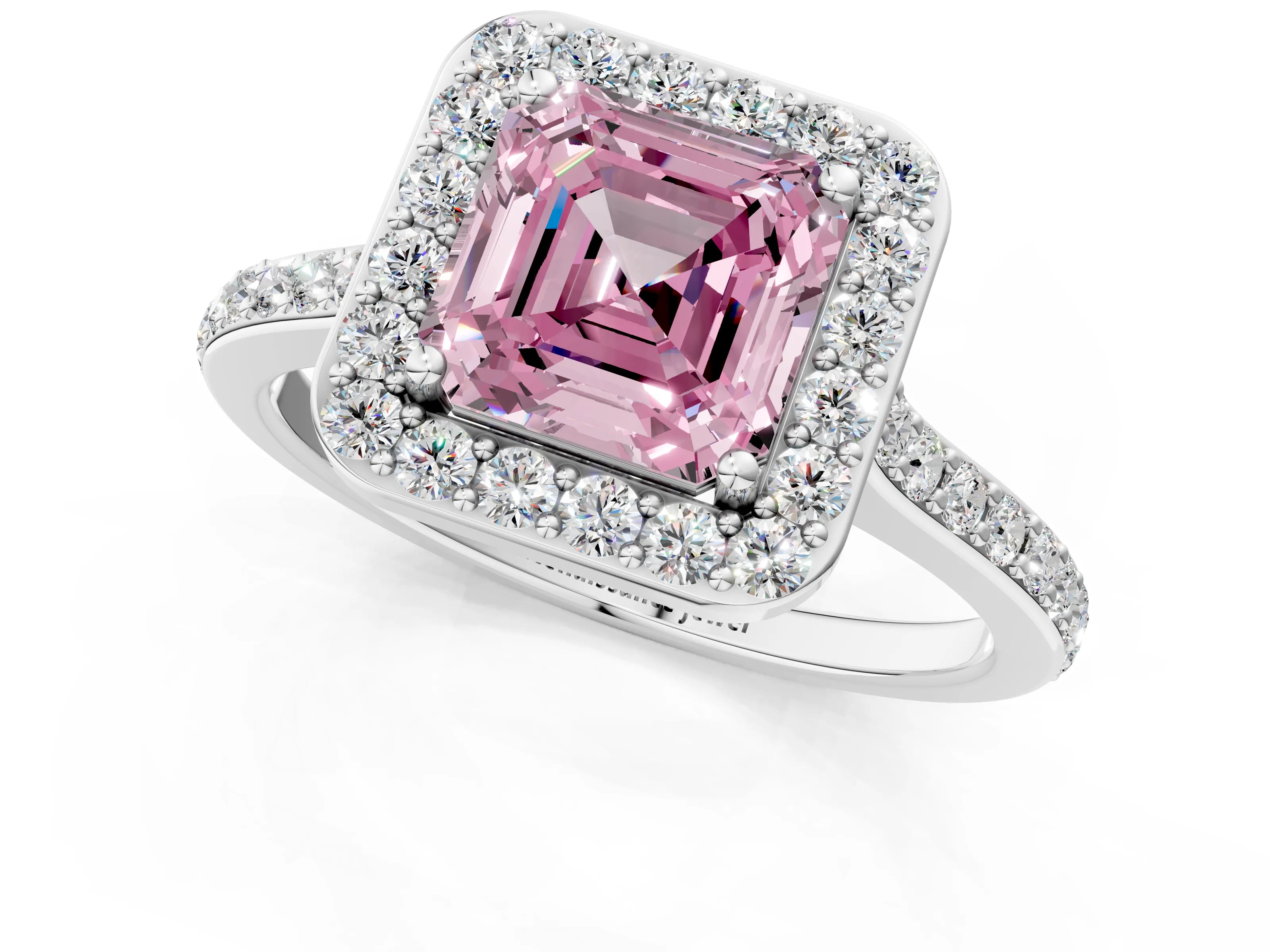 White gold Fancy Pink Asscher Cut Halo Round Diamond Pavé Band with Four-Prong Setting_16
