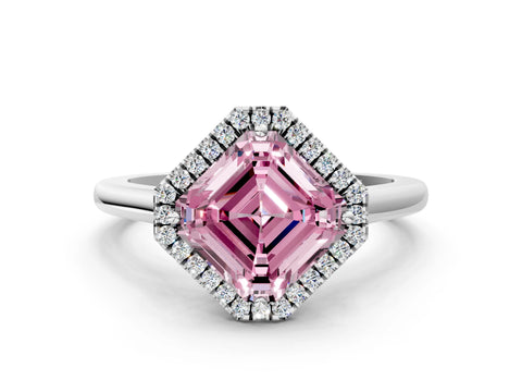 White gold Fancy Pink Asscher Cut Halo Round Diamond Solitaire Engagement Ring with Pave Band and Four-Prong Setting_24