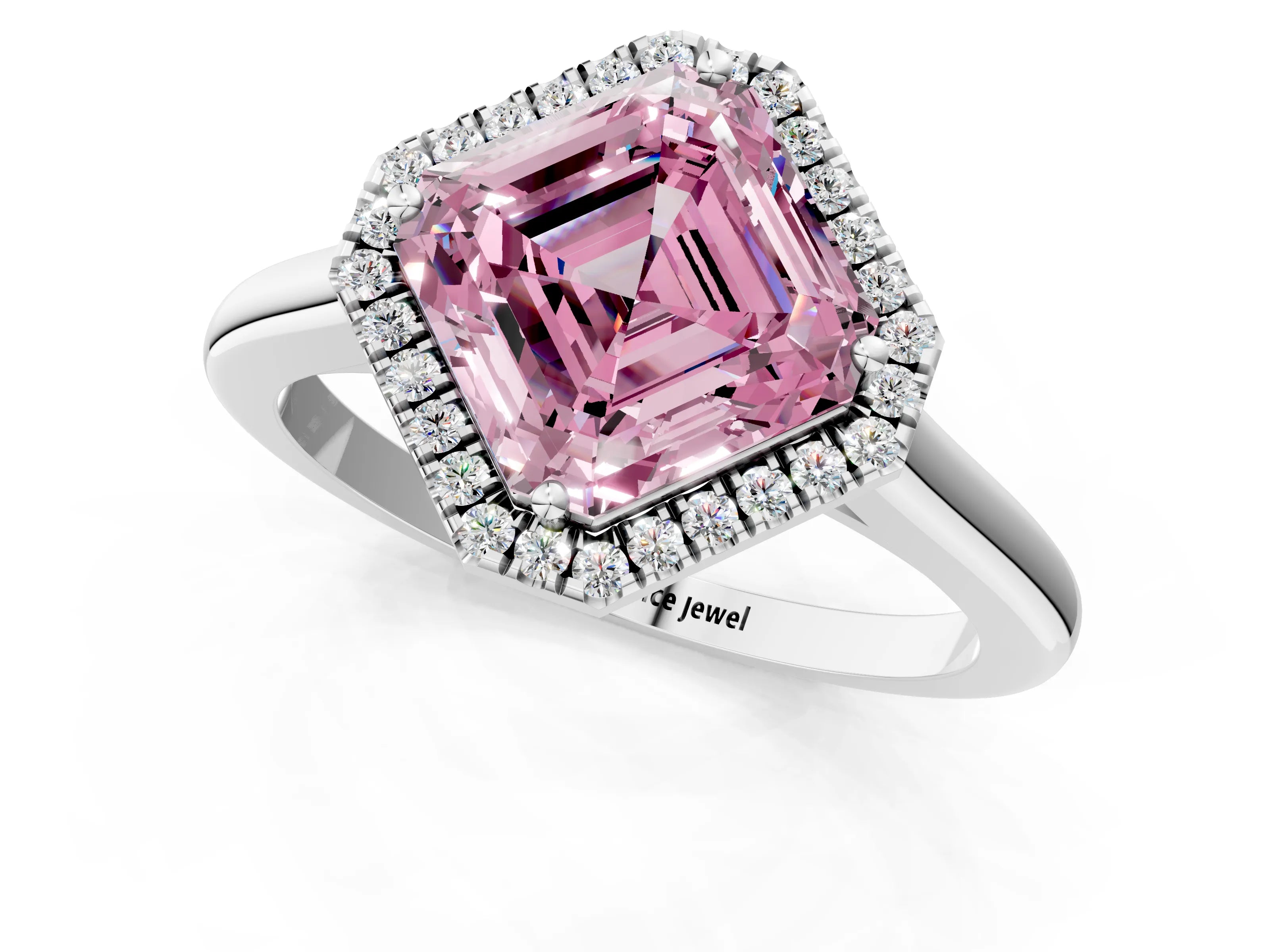 White gold Fancy Pink Asscher Cut Halo Round Diamond Solitaire Engagement Ring with Pave Band and Four-Prong Setting_25
