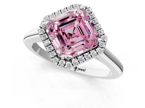 White gold Fancy Pink Asscher Cut Halo Round Diamond Solitaire Engagement Ring with Pave Band and Four-Prong Setting_25