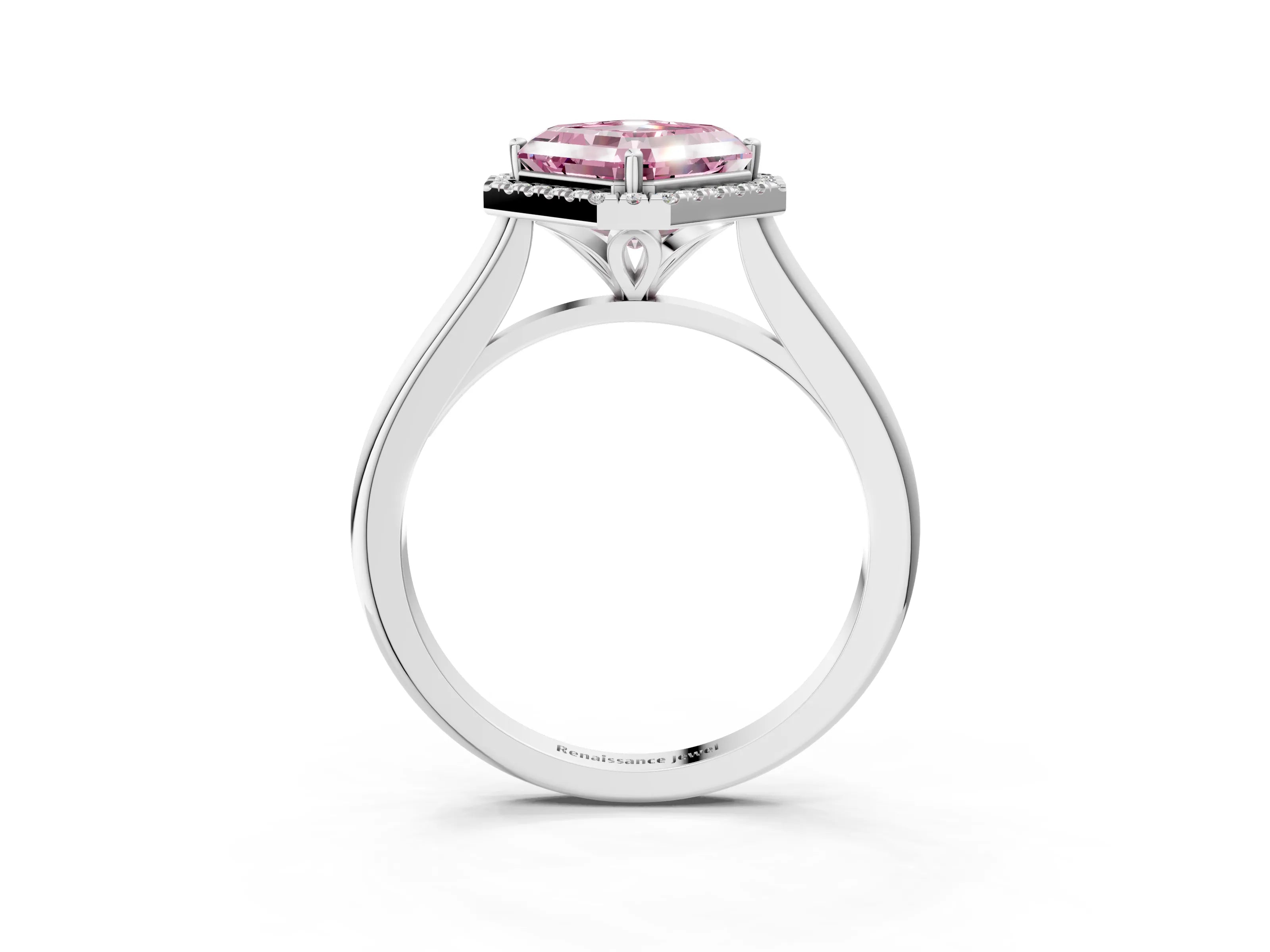 White gold Fancy Pink Asscher Cut Halo Round Diamond Solitaire Engagement Ring with Pave Band and Four-Prong Setting_27