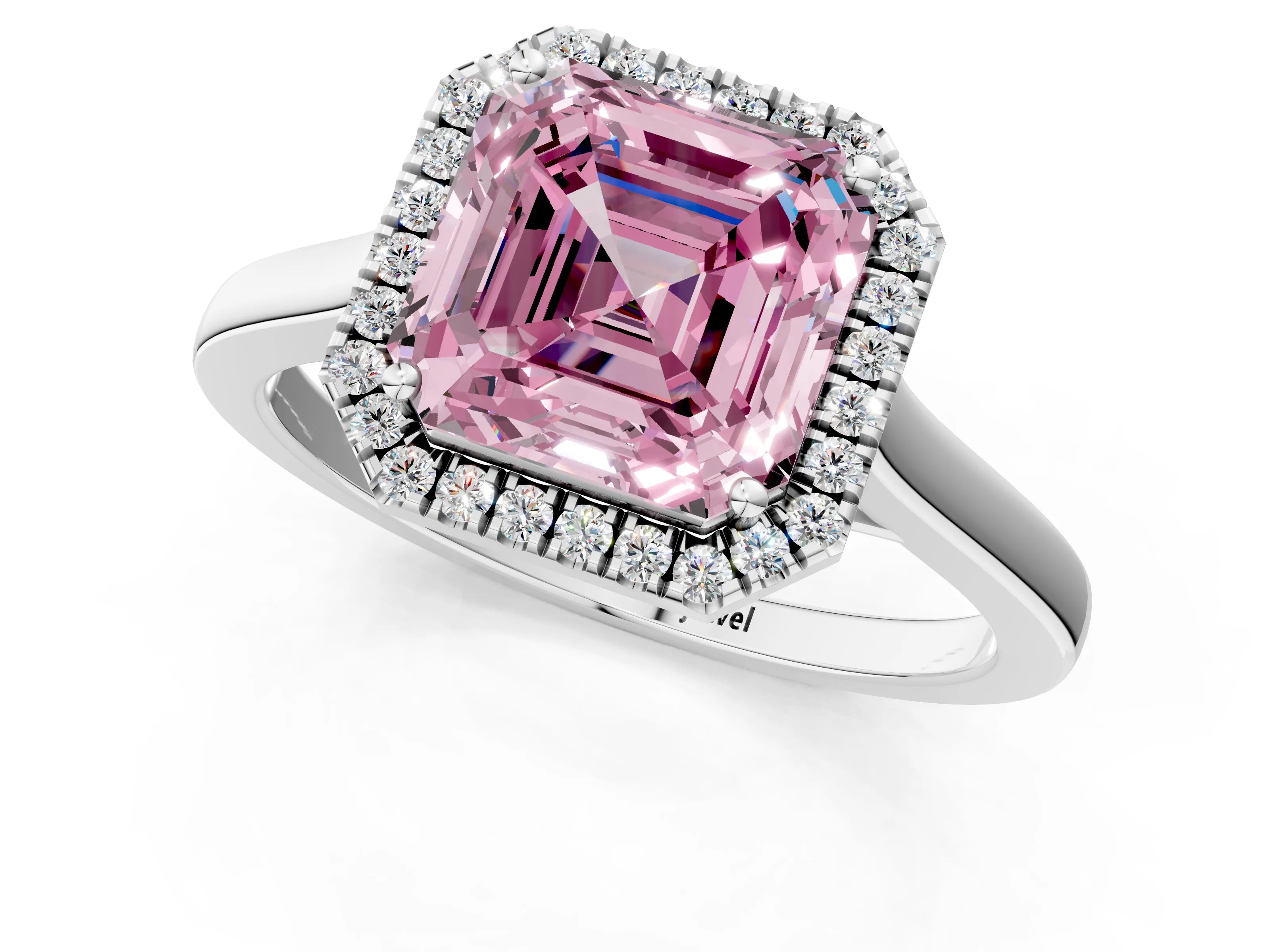 White gold Fancy Pink Asscher Cut Halo Round Diamond Solitaire Ring with Pavé Band and Four-Prong Setting_1