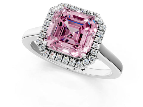 White gold Fancy Pink Asscher Cut Halo Round Diamond Solitaire Ring with Pavé Band and Four-Prong Setting_1