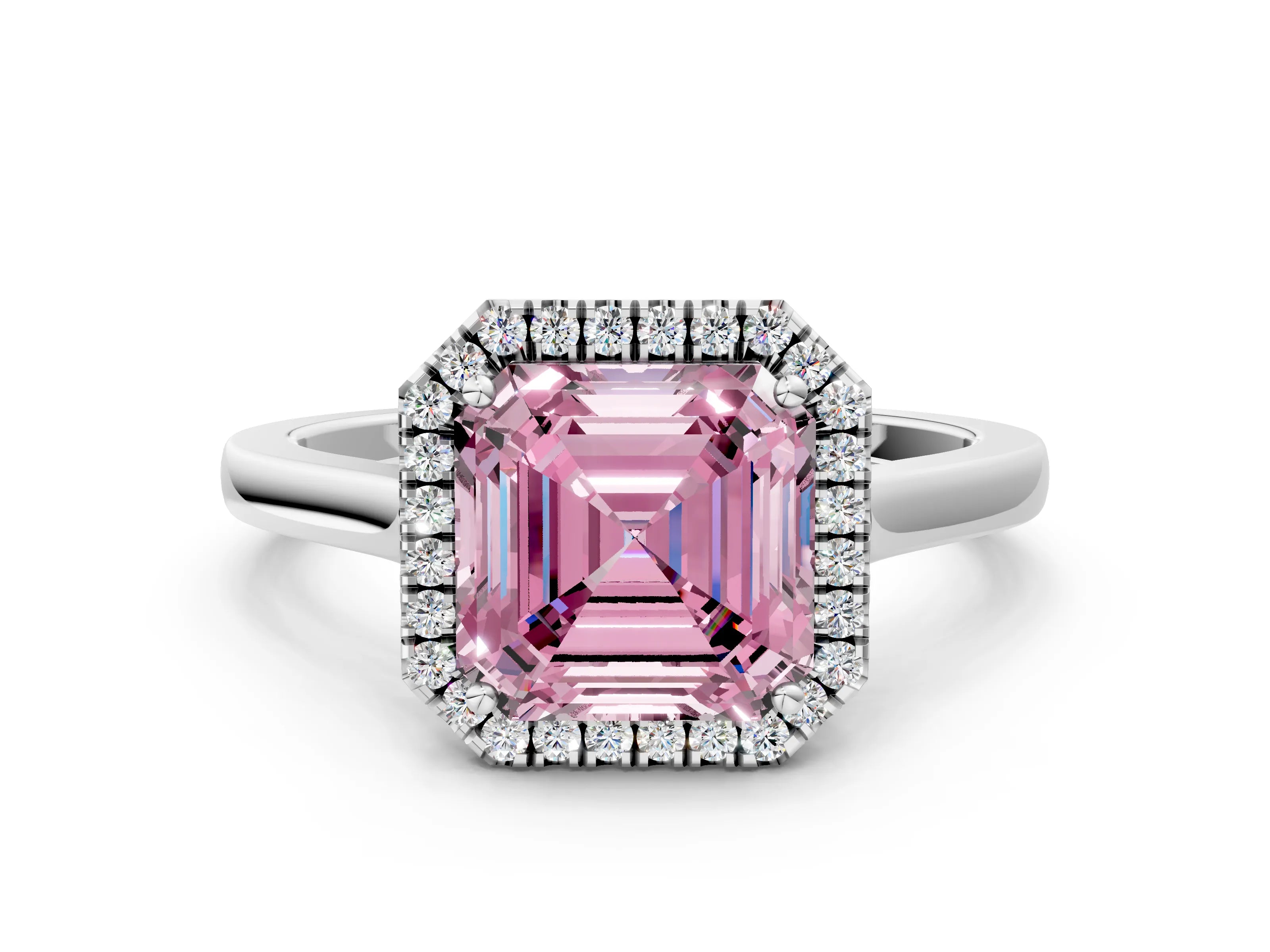 White gold Fancy Pink Asscher Cut Halo Round Diamond Solitaire Ring with Pavé Band and Four-Prong Setting