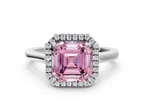 White gold Fancy Pink Asscher Cut Halo Round Diamond Solitaire Ring with Pavé Band and Four-Prong Setting