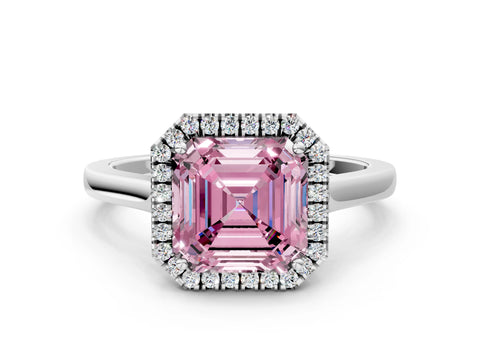 White gold Fancy Pink Asscher Cut Halo Round Diamond Solitaire Ring with Pavé Band and Four-Prong Setting