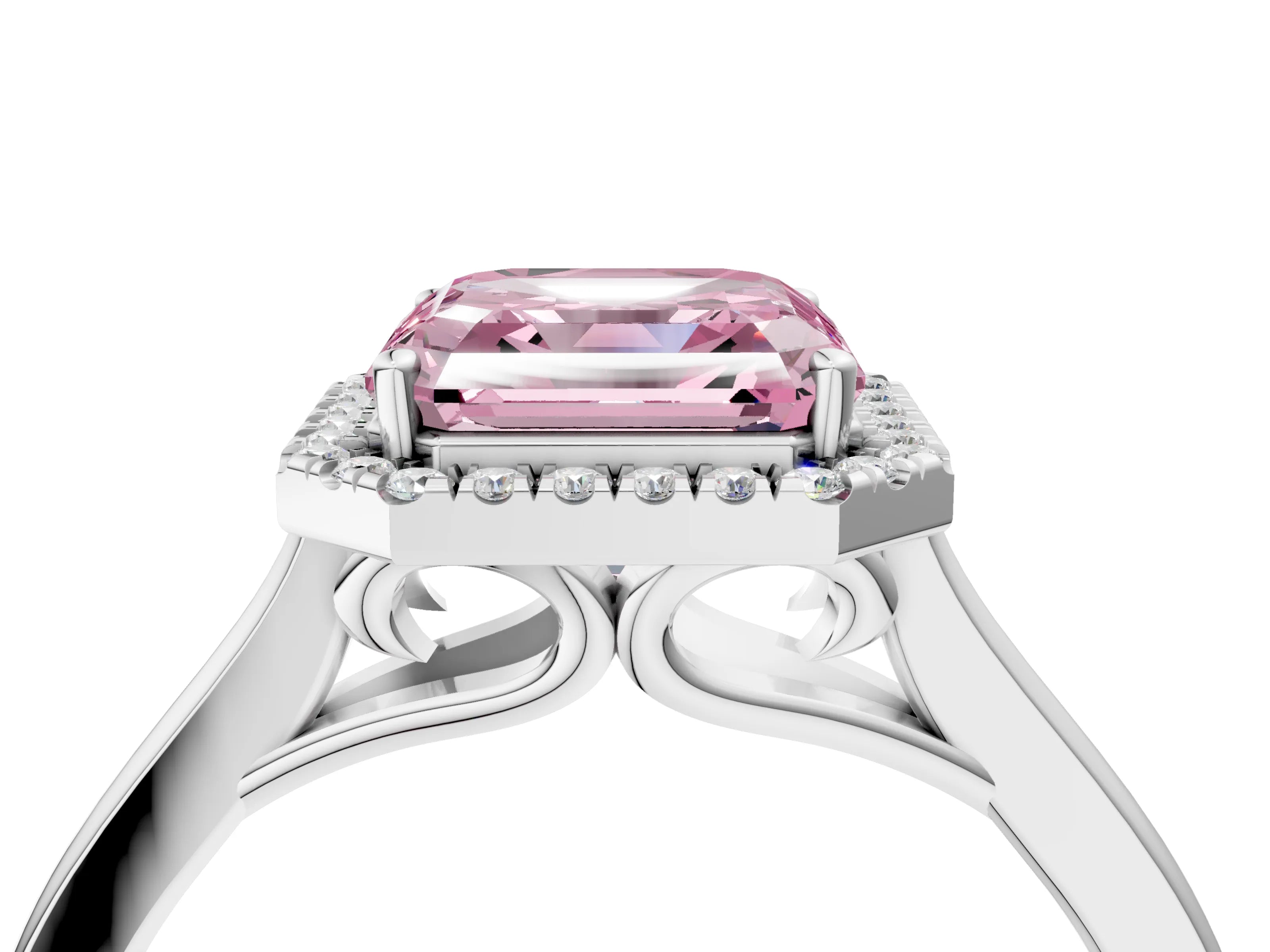 White gold Fancy Pink Asscher Cut Halo Round Diamond Solitaire Ring with Pavé Band and Four-Prong Setting_4
