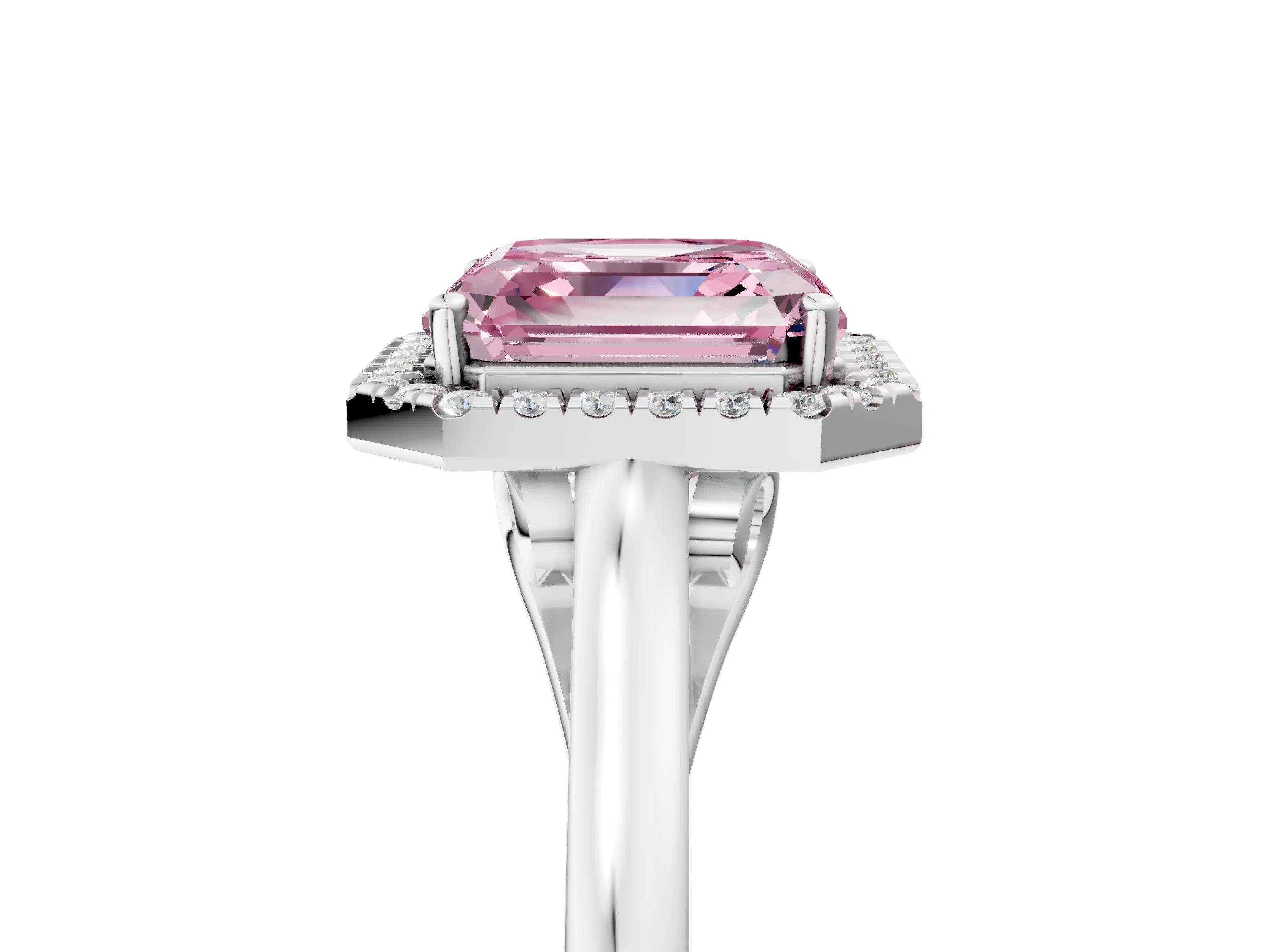 White gold Fancy Pink Asscher Cut Halo Round Diamond Solitaire Ring with Pavé Band and Four-Prong Setting_5