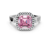 White gold Fancy Pink Asscher Cut Halo Round Diamond Twist Band with Four-Prong Setting