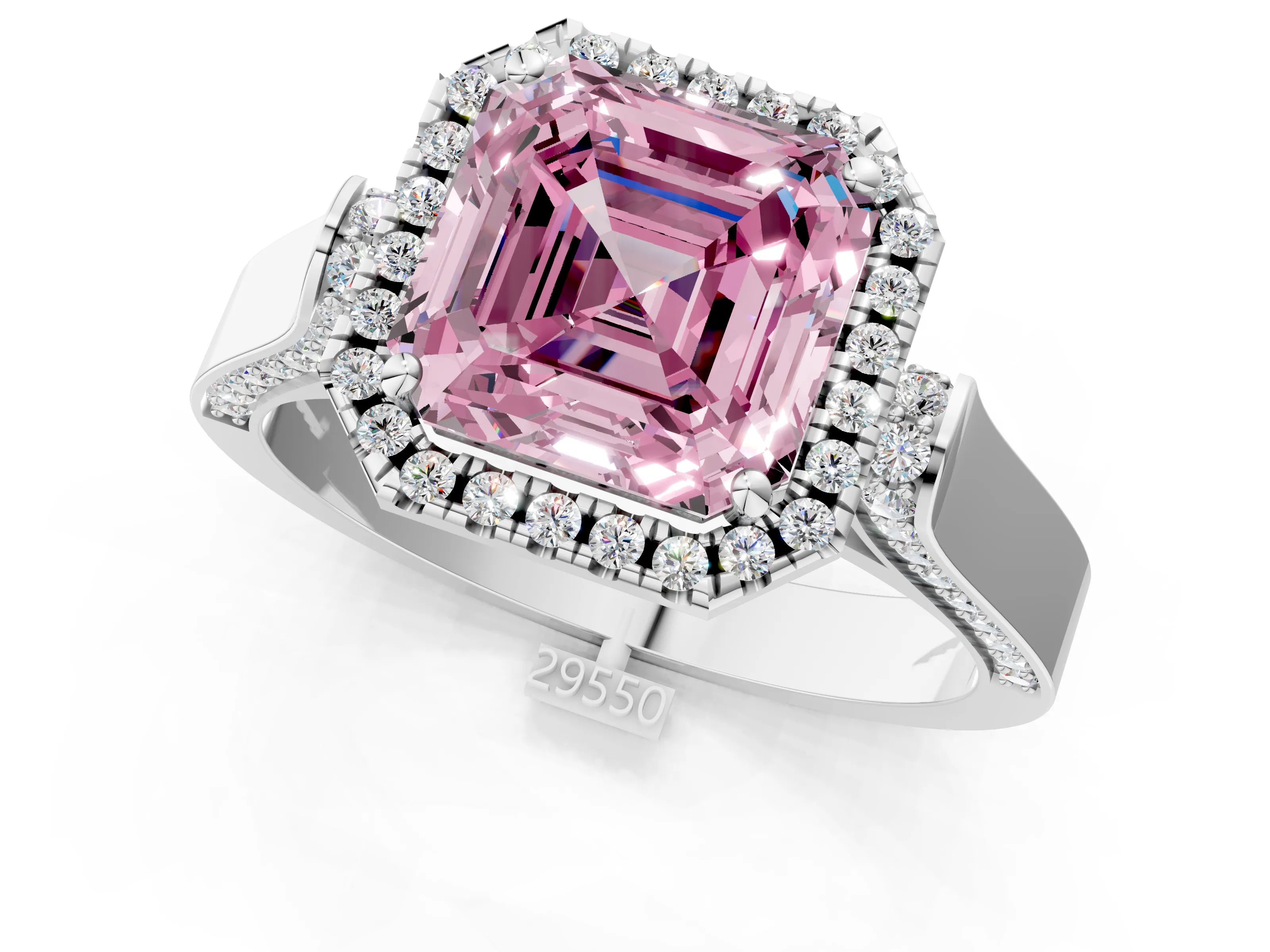 White gold Fancy Pink Asscher Cut Halo Round Diamond Twist Band with Four-Prong Setting_31
