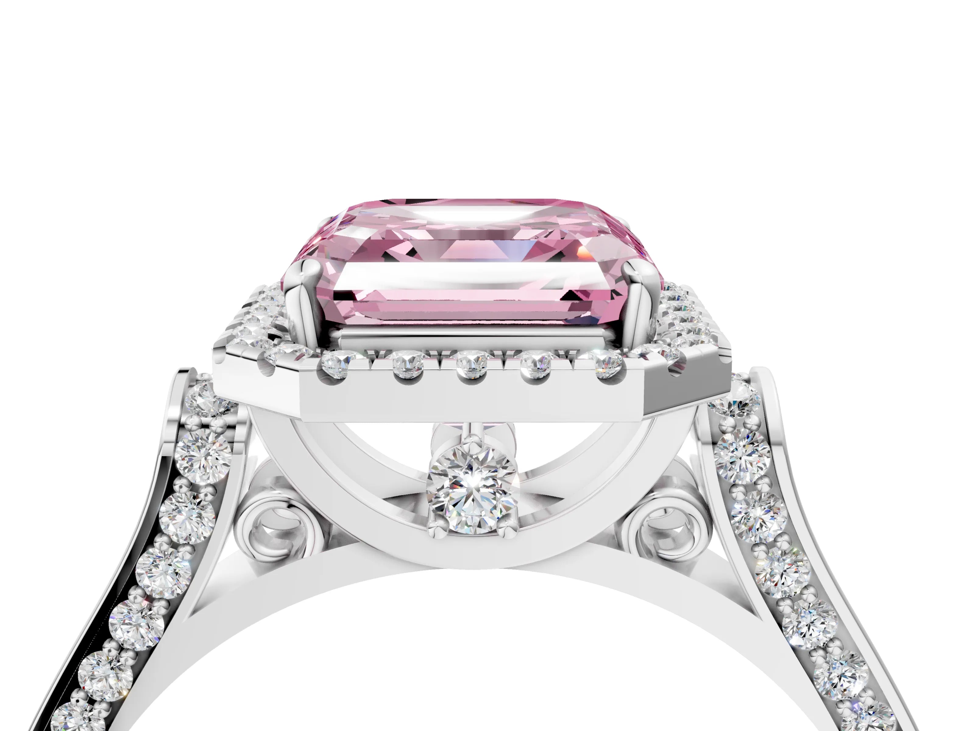 White gold Fancy Pink Asscher Cut Halo Round Diamond Twist Band with Four-Prong Setting_4