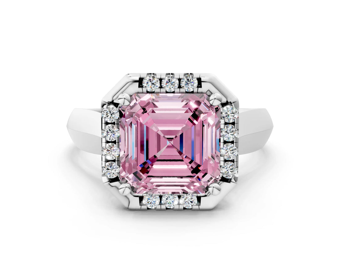 White gold Fancy Pink Asscher  Cut Halo Solitaire Engagement Ring with Square Band and Four-Prong Setting_12