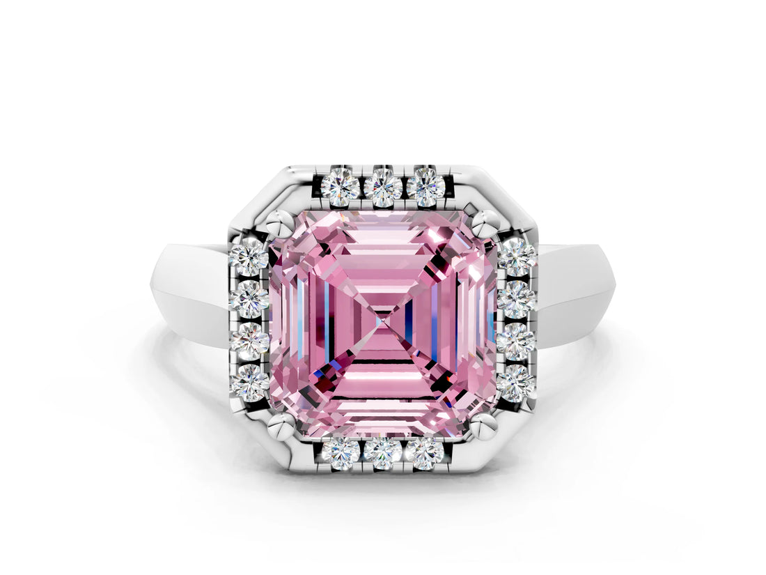 White gold Fancy Pink Asscher  Cut Halo Solitaire Engagement Ring with Square Band and Four-Prong Setting_77