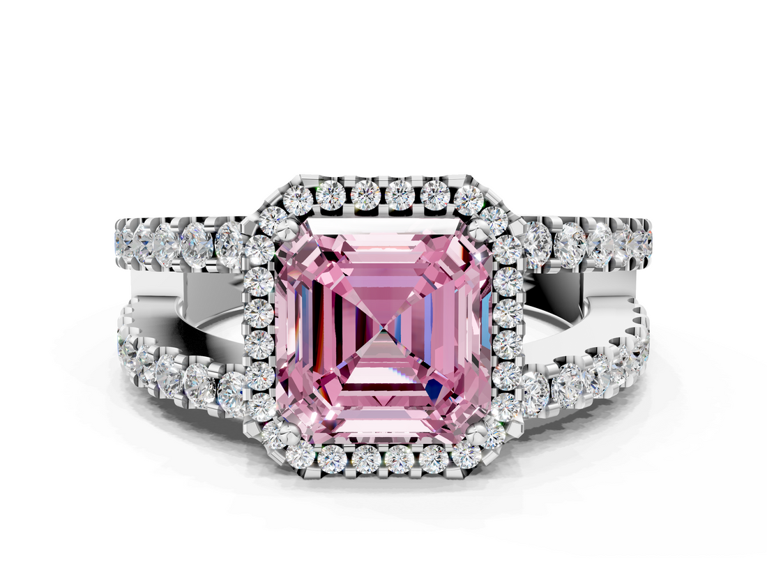 White gold Fancy Pink Asscher  Cut Halo Split Shank Diamond Ring with Four-Prong Setting
