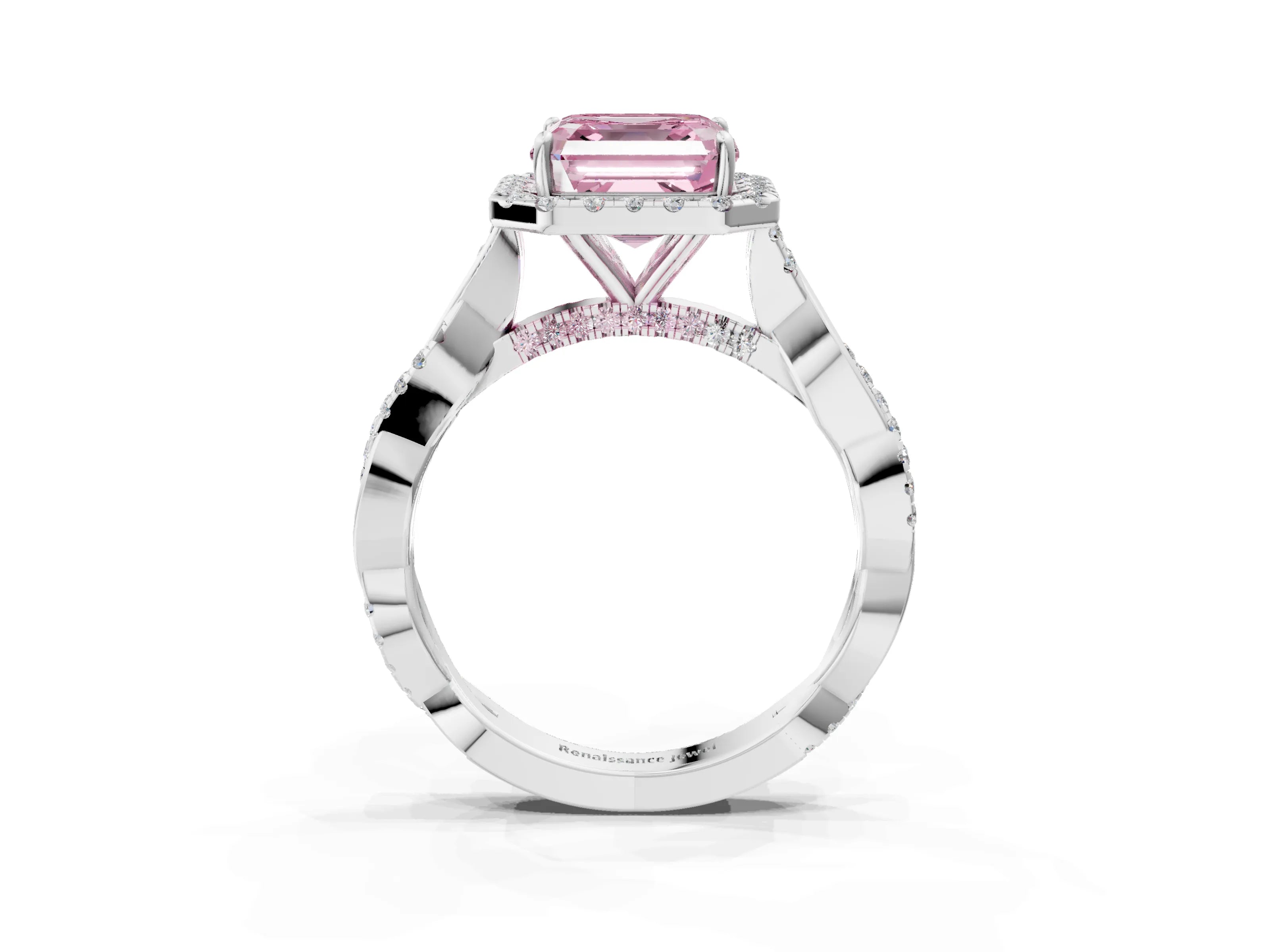 White gold Fancy Pink Asscher Cut Halo Twist Band with Four-Prong Setting_76