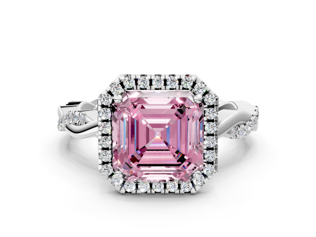 White gold Fancy Pink Asscher  Cut Halo Twisted Band Four-Prong Ring