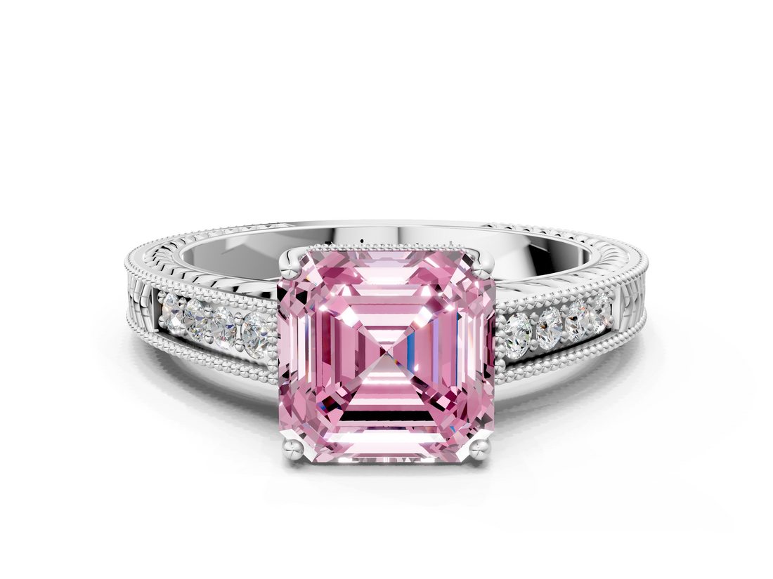 White gold Fancy Pink Asscher  Cut Milgrain Channel Set Engagement Ring with Solitaire Prong Setting_17