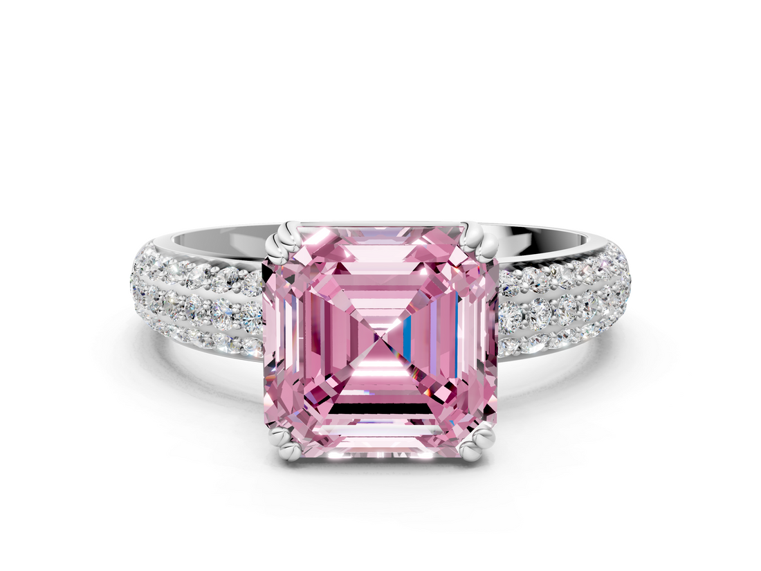 White gold Fancy Pink Asscher  Cut Pave Diamond Engagement Ring with Channel Set Band and Four-Prong Setting