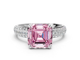 White gold Fancy Pink Asscher  Cut Pave Diamond Engagement Ring with Channel Set Band and Four-Prong Setting