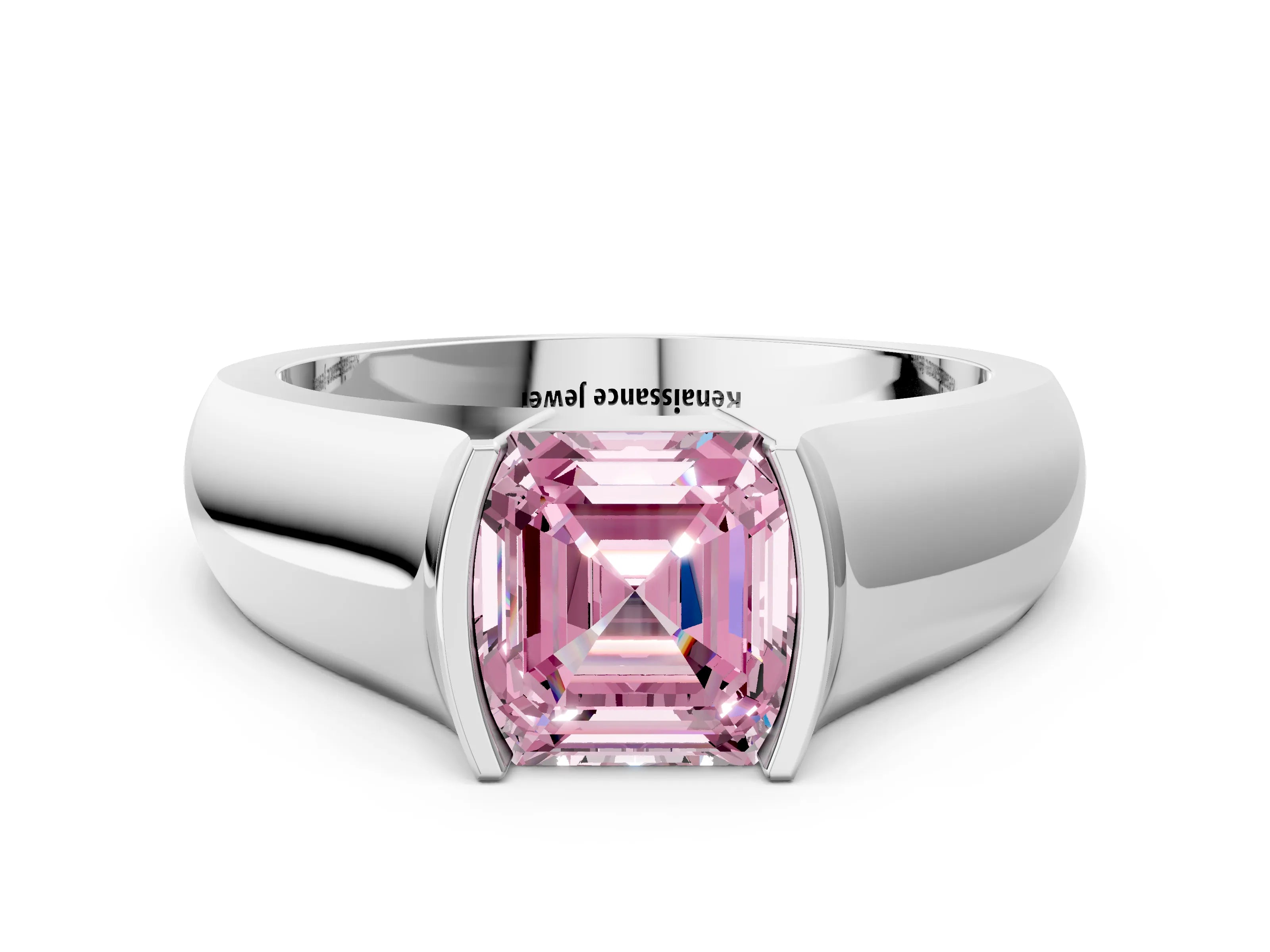 White gold Fancy Pink Asscher Cut Solitaire Bezel Set Diamond Ring with Wide Band_12
